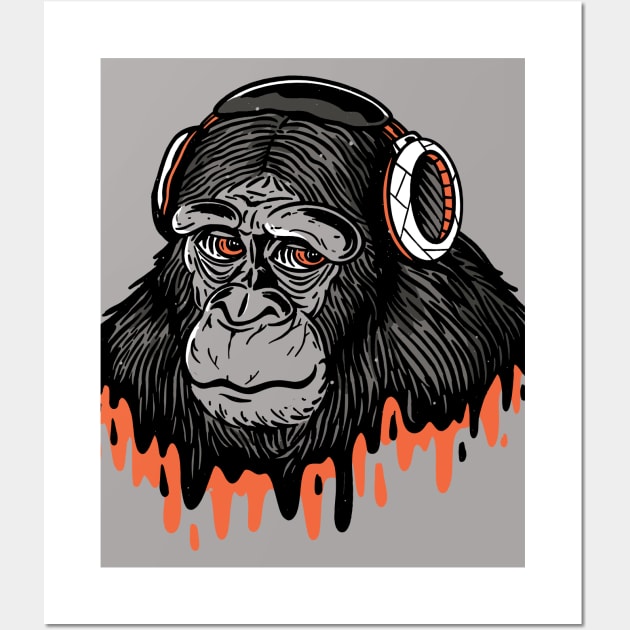 Cool Cartoon Gorilla with Headphones and Drip Wall Art by SLAG_Creative